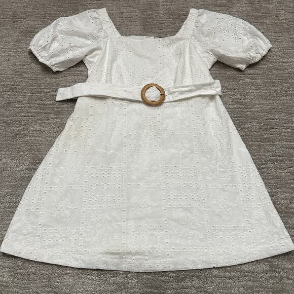 Ann Taylor Loft Dress Women 12 White Eyelet Lace Belted Puff Sleeve Resort Beach - Picture 5 of 15
